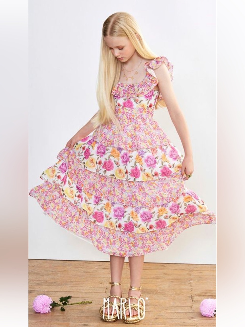 Marlo Girls Pink Multi Floral Ruffle Tiered Dress